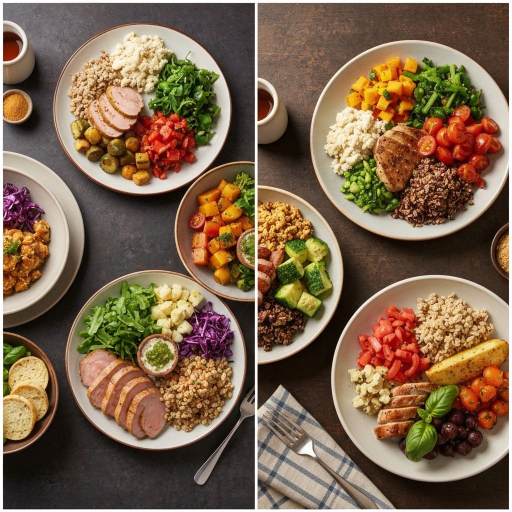 Various plates showing different dietary approaches with whole foods